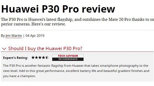外媒TechAdvisor点评华为P30 Pro：将智能手机的拍照水平提升到新的高度！