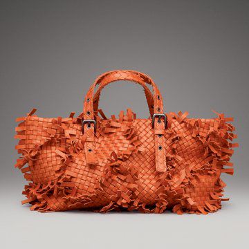 橙色拼接编织手拎包