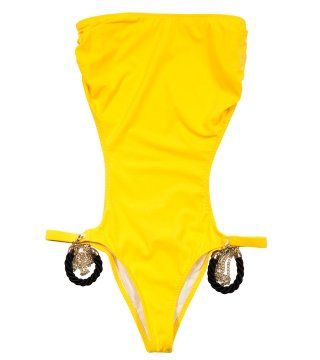 织绳链条饰柠黄色连体泳衣