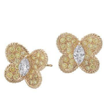 “蝴蝶”系列黄金圆形黄钻石配马眼形白色钻石耳环