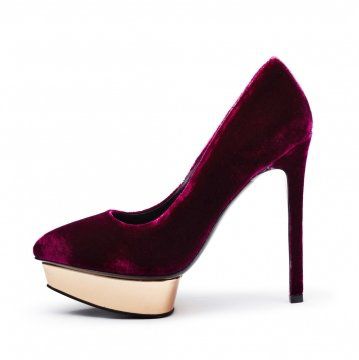 紫红色丝绒拼色超高跟鞋